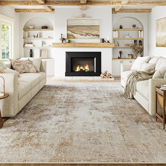 10x12 Washable Area Rug Gold Grey Neutral Abstract Living Room Bedroom Large Throw Rug Non Slip Soft Low Pile Indoor Floor Carpet for Dining Room Kitchen Office Entryway