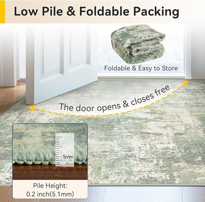 Washable Area Rugs 8'x10' Non-Slip Modern Abstract Soft for Living Room Entryway Bedroom Nursery, Print Pattern, Light Green/Yellow