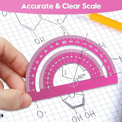 MSDADA Triangle Ruler, Protractor, Square and Ruler Set, 4 Pieces Aluminum Alloy Ruler, Metal Drafting Ruler Kit, Geometric Protractor for Student, School, Home, Office (Pink, 15cm/5.9inch)
