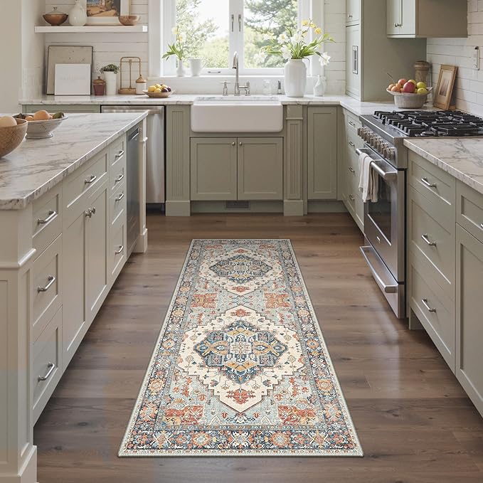 GENIMO Runner Rug 2x5 Non Slip Machine Washable Hallway Runner Rug, Low Pile Lightweight Rugs for Entryway, Hallway, Kitchen and Corridor, Vintage Blue/Amber