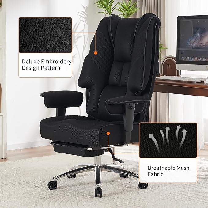 Big and Tall Office Chair 400lbs Wide Seat, Leather High Back Executive Office Chair with Foot Rest, Ergonomic Chairs Lumbar Support for Lower Back Pain Relief (Mesh Black)