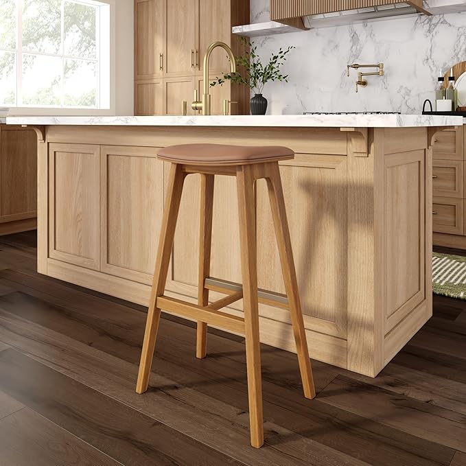Plank+Beam Beryl Bar Height Stool - Mid-Century Modern Rubberwood Bar Stool with Faux Leather Seat, Metal Footrest, Easy Assembly, Pecan/Toffee