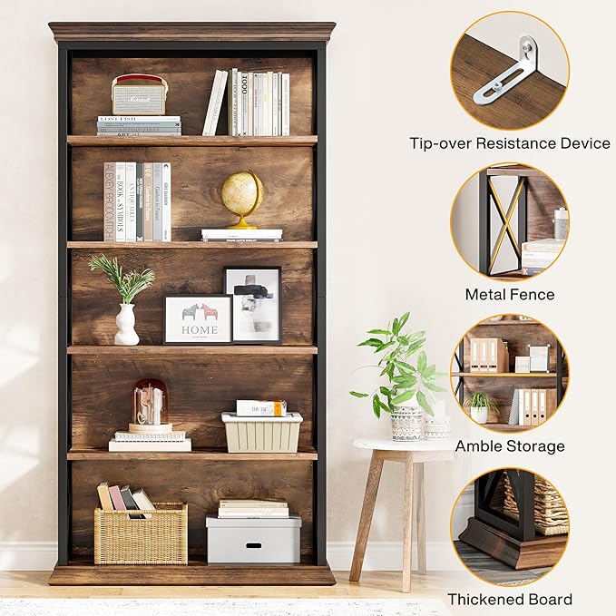 Tribesigns 6-Tier Bookcase, 71 Inches Industrial Bookshelves and Bookcases, Floor Standing 5 Shelf Display Storage Shelves Tall Bookcase for Home Office, Living Room, Bed Room, Brown and Black