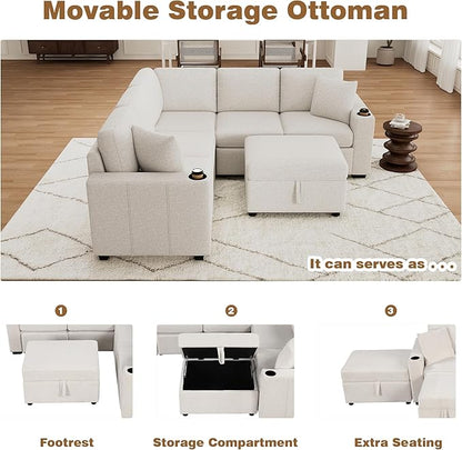 84.7" Symmetrical Convertible Sleeper Sectional Sofa Couch Bed for Living Room 4 Seater L Shaped Reversible Pull Out Sleeper Sofabed with Movable Ottoman ,2 Cup Holders ,USB Ports, Detachable Backrest