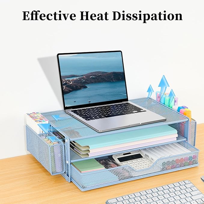 AUPSEN Computer Monitor Stands Riser，2-Tier Desk Organizers and Accessories, Office Desk Accessories Organizer with Drawers and 2 Pen Holder for Office Supplies (Blue)