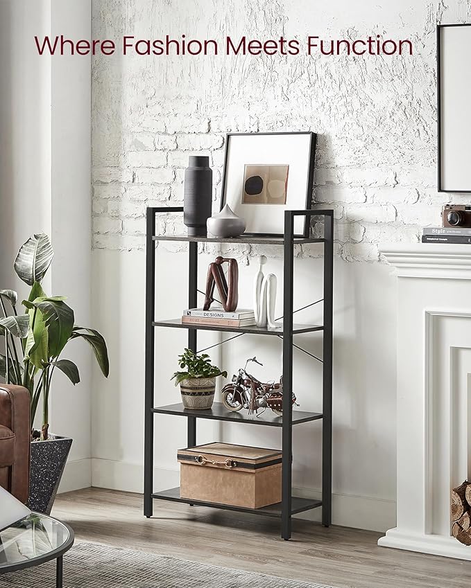 VASAGLE 4-Tier Bookshelf, Bookcase with Steel Frame, Book Shelf for Living Room, Home Office, Study, 11.8 x 26 x 47 Inches, Industrial Style, Charcoal Grey and Ink Black ULLS060B04