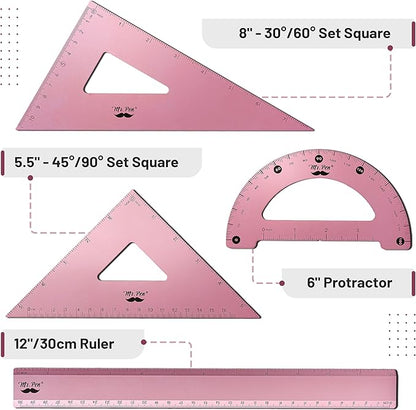 Mr. Pen- Geometry Set, 4 Pack, Light Pink, Metal Geometry Kit, Triangle Ruler, Metal Ruler, Drafting Triangles, Metal Protractor, Metal Set Square, Drafting Ruler, Drafting Set