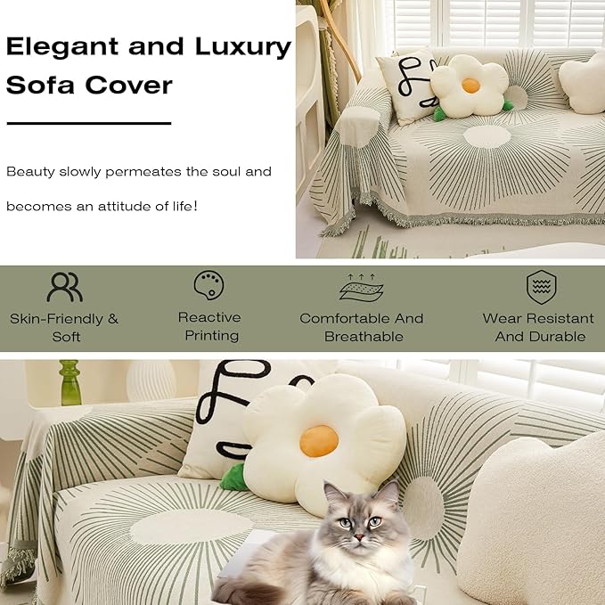 STACYPIK Chenille Boho Geometric Striped Sofa Cover Dogs Couch Cover L Shape Protector for 3 Cushion Couch Sofa Cover Sofa Slipcover for Living Room Multi-Use Bed Blanket-71X118IN