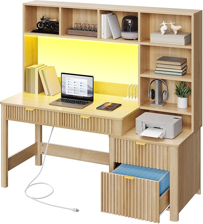 YITAHOME Computer Desk with Hutch and Drawers, 55" Office Desk with Storage Shelves and Printer Stand, Gaming Desk with Power Outlets & LED Lights, Fluted Sturdy Writing Workstation, Natural Oak