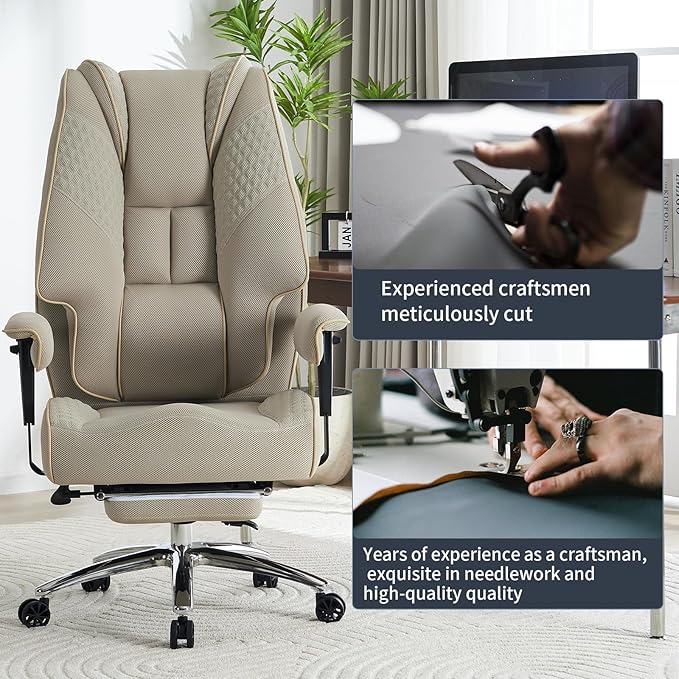Big and Tall Office Chair 400lbs Wide Seat, Leather High Back Executive Office Chair with Foot Rest, Ergonomic Chairs Lumbar Support for Lower Back Pain Relief (Mesh Dark Beige)