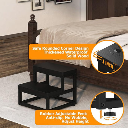 Step Stools for Adults Kids, Heavy Duty Stepping Stools Wooden Bed Step Stools for High Beds, Non-Slip 2 Bedside Foot Stool with 500 Lbs Capacity for Bedroom Kitchen Bathroom Outside, Easy Assembly
