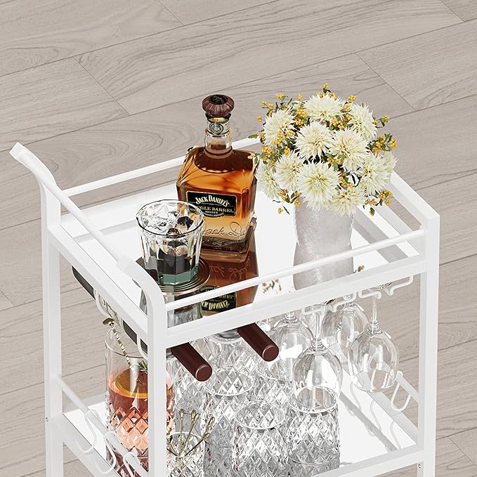 TUTOTAK Bar Cart, Home Bar Serving Cart with 3-Tier Mirrored Shelf, Mobile Kitchen Shelf, Rolling Beverage Cart, White BC01BW034