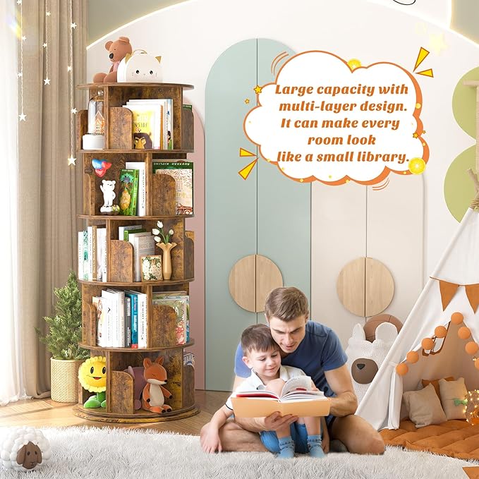 Aheaplus Rotating Bookshelf, 360 Display Wood Spinning Bookshelf Tower, 5 Tier Floor Standing Bookcase Storage Rack, Revolving Bookcase Corner Bookshelfs for Small Space, Study, Bed Room, Rustic Brown