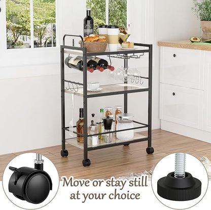Home Bar Serving Cart, Serving Cart with Wheels and Handle, 3 Tier Rolling Kitchen Cart, MicrowaveCart, Beverage Cart with Wine Holder and Glass Holders, for Dinning Room, Living Room, Kitchen,Greige
