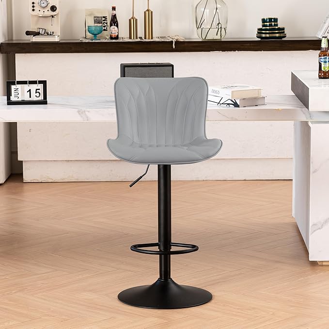 YOUNIKE Single Grey Bar Stools Modern Swivel Counter Height Bar Chair with Back Adjustable Kitchen Island Faux Leather Padded Barstools taburetes de bar Breakfast sillas para barra de cocina 1PCS