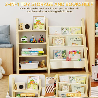Toy Storage Organizer with Kids Bookshelf, Montessori Wooden Toy Organizer Book Shelf for Kids Rooms, Nursery, Playroom, Child, Baby, Toddler Bookcase, Toys Rack Fabric Sling Book Shelves