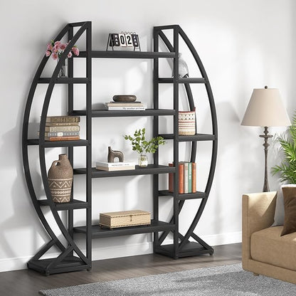 Tribesigns Oval Bookshelf, Triple Wide 5 Tiers Etagere Bookcases, Industrial Display Shelves for Living Room (55", Black)