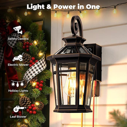 Outdoor Wall Light with GFCI Outlet, Oil Rubbed Bronze Dusk to Dawn Front Porch Light, Exterior Lighting Fixtures with Outlet, Outdoor Sconce Lights Wall Mount, Outside Lights for Patio, Garage