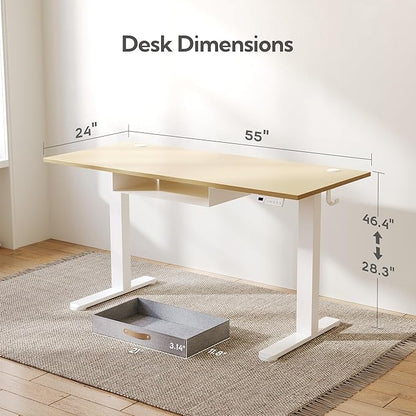 Seang Standing Desk with Drawer, 55" x 24" Height Adjustable Stand Up Desk, 3 Memory Height Settings with Cable Grommets & Storage Hooks, Ideal for Home & Office, Nature