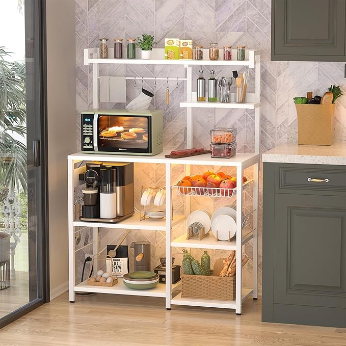 Aheaplus Bakers Rack with Power Outlet and LED Light Strings, Microwave Oven Stand Kitchen Storage Shelf with Wire Basket, Coffee Bar Station Island Table with 10 Hooks for Spices, Pots, Pans, White