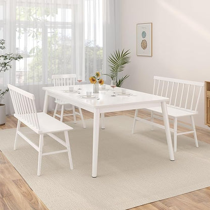 Bamboo Dining Bench, Wooden White Entryway Bench with Spindle Back Farmhouse Wood Windsor for Foyer Balcony Living Room Comfortable Winsor Chair Benches for Home