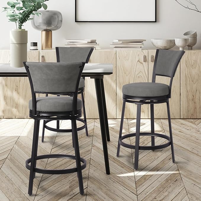 Bar Stools Set of 2, 25 Inch Metal Counter Height Bar Chairs, Modern Faux Leather 360° Round Swivel Barstools with Back, Counter Stools for Kitchen Island, Pub, Grey