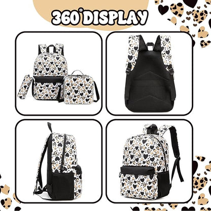 Girls Backpack for School Backpack for Girls 8-10 Kids Backpacks with Lunch Box Leopard Print Schoolbag for Kids