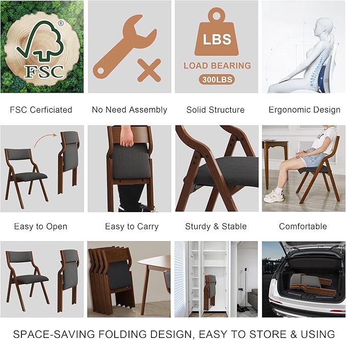 Folding Dining Chairs Set of 2, Upholstered Kitchen Chair with Padded Seat & Backrest, Modern Sidechair with Wood Legs,No Assembly Needed,Dark Grey+Walnut