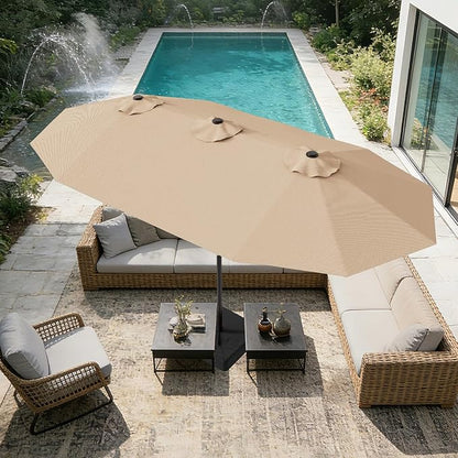 AreShark 15ft Patio Umbrella with Base, Double Sided Outdoor Umbrella with 12 Fiberglass Ribs, Large Outdoor Umbrella for Garden, Pool, Deck, Backyard & Market, Beige