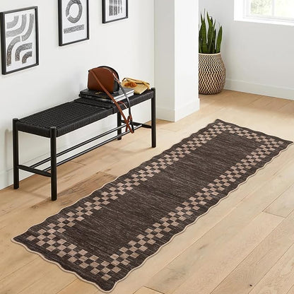 GarveeHome Hallway Runner Rug 2x6 Non Slip Scalloped Washable Rug for Kitchen Entry Stain Resistant Modern Border Throw Floor Carpet Long Runner Mat for Bathroom Living Room Bedside, Brown