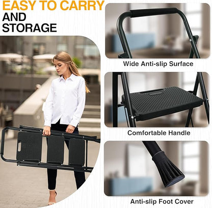 3 Step Ladder, Portable Steel Folding Step Stool with Wide Anti-Slip Pedal & Convenient Handgrip, 500lbs Sturdy Steel Ladder, Black