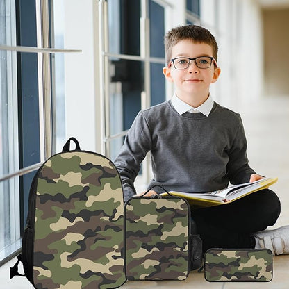 3PCS Camo Backpack Set for Boys, Lightweight Large Backpack with Lunch Box & Pencil Case, Camouflage Bookbag for Kids, Back to School Backpacks for Elementary & Middle School