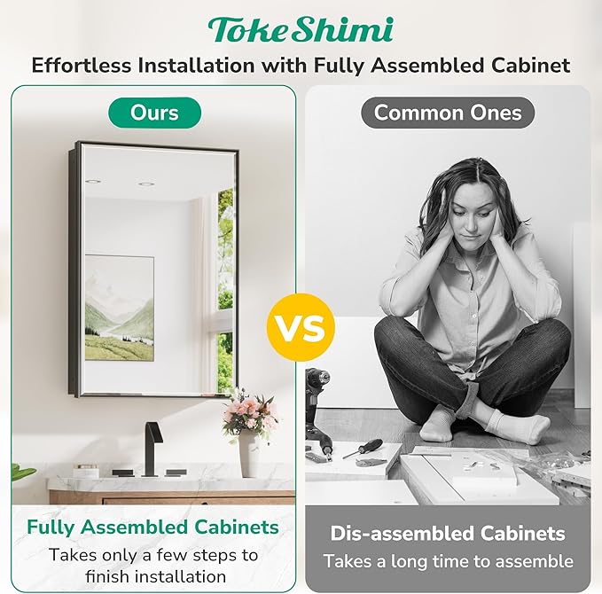 TokeShimi 24x26 Recessed Medicine Cabinet with Mirror Wall Mounted, Metal Beveled Mirror with Storage for Bathroom Vanity, Aluminum Alloy Medicine Cabinet Mirrored Black