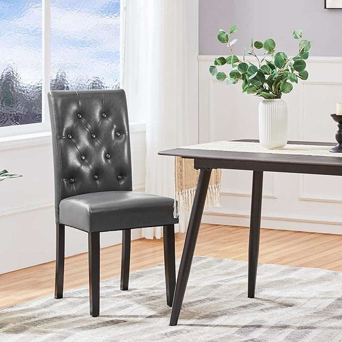 Yaheetech Dining Chairs Set of 2 Modern Style Faux Leather Dining Room Chairs with Solid Wood Legs and Button Tufted Padded for Home Kitchen, Gray