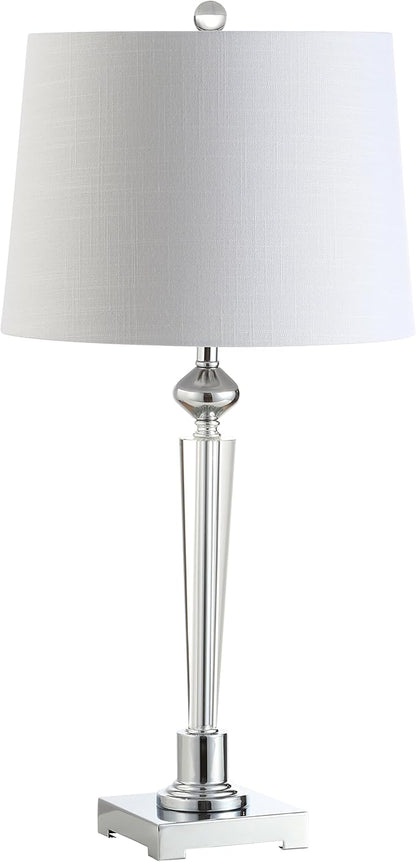 JONATHAN Y 28.25" Clear Crystal Table Lamp, Chrome Candlestick Base with White Linen Drum Shade, Traditional French Country Lamp for Living Room, LED Bulb Included JYL2051A