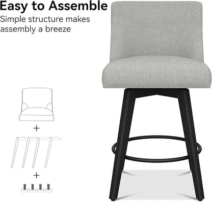 Counter Height Bar Stools Set of 8, Modern Swivel Barstools with Back and Wood Legs, Linen Fabric Upholstered Bar Chairs, 26" H Kitchen Counter Stools, Kitchen Island Home Bar, Light Grey