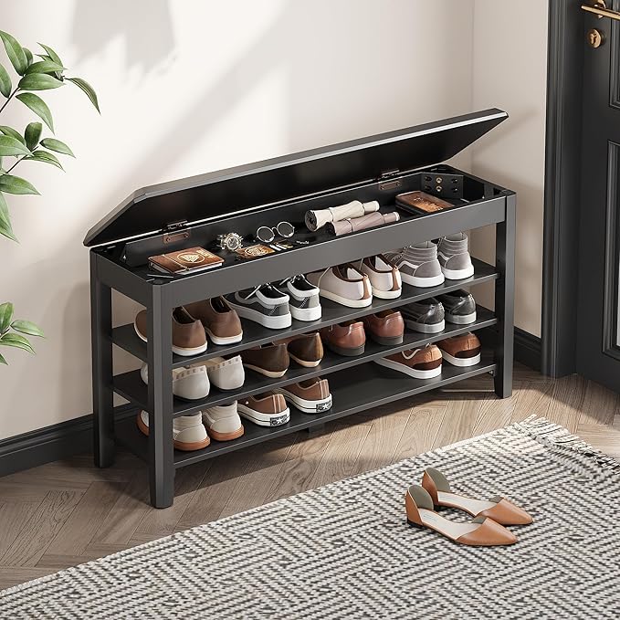 Shoe Rack Bench Seat Rubberwood 3-Tier Wooden Storage Bench 550lbs Compact Mid-Century Modern Design for Entryway, Hallway, Closet, Front Door Entrance, Foyer