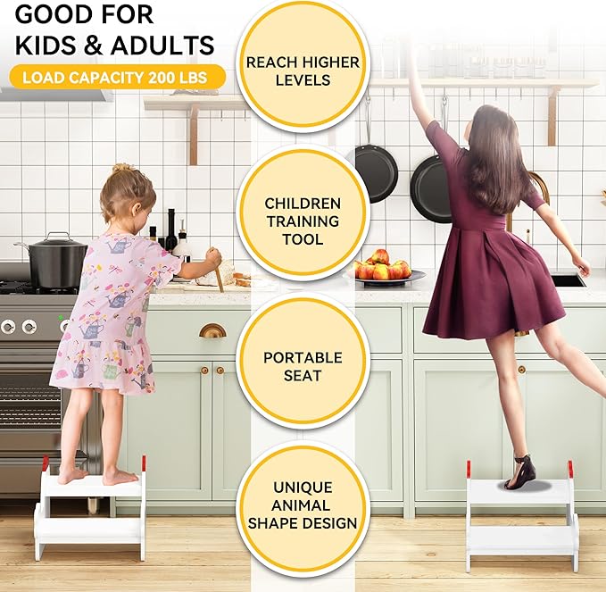 Wood Step Stools for Kids, Child Two Step Stool of Chick Shape, Toddler Step Stools Potty Training Stool, Easy to Move Safety for Kitchen, Bathroom, Bedroom, Toilet