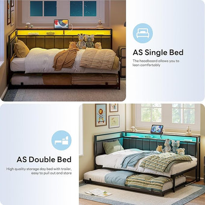 LIKIMIO Corner Twin Bed Frame with Trundle, Upholstered Storage Headboard & LED Lights, Twin Size Daybed with Charging Station, Sturdy Platform Metal Frame for Living Room, Bedroom, Guest Room, Gray