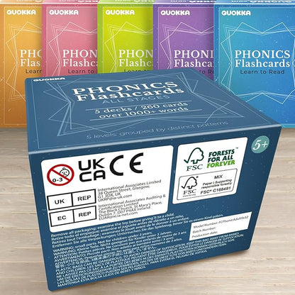 QUOKKA 1000+ Phonics Words Flash Cards for Kids Ages 4-8 – 20 Reading Stages – 260 Card Games for Kids Ages 3-5 and 6-8 – Learn to Read Games & Phonics Manipulatives for Complete Phonemic Awareness
