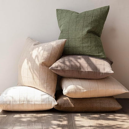 Foindtower Set of 2 Decorative Linen Check Throw Pillow Covers Neutral Farmhouse Vintage Cushion Covers Modern Boho Home Decor for Sofa Chair Couch Bedroom Living Room Outdoor,18×18 Inch,Sage Green