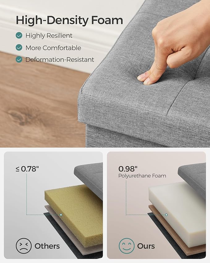 SONGMICS Mazie Collection - 30 Inches Storage Ottoman, Foldable Storage Bench with Flipping Lid, 660 lb Load Capacity, for Entryway, Living Room, Bedroom, Light Gray ULSF41G