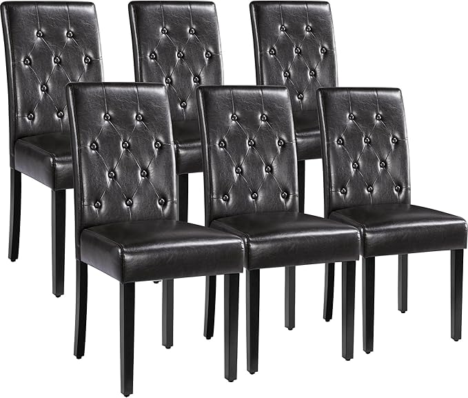 Yaheetech Dining Chairs Set of 6 Modern Style Faux Leather Dining Room Chairs with Solid Wood Legs and Button Tufted Padded for Home Kitchen, Brown