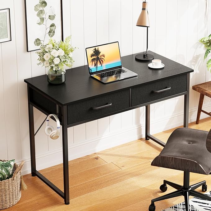 Casaottima 40 Inch Small Office Computer Desk with 2 Drawers & Headphone Hook - Compact Writing Desk for Home Office, Study or Work, Modern Space-Saving Design for Small Spaces, Black