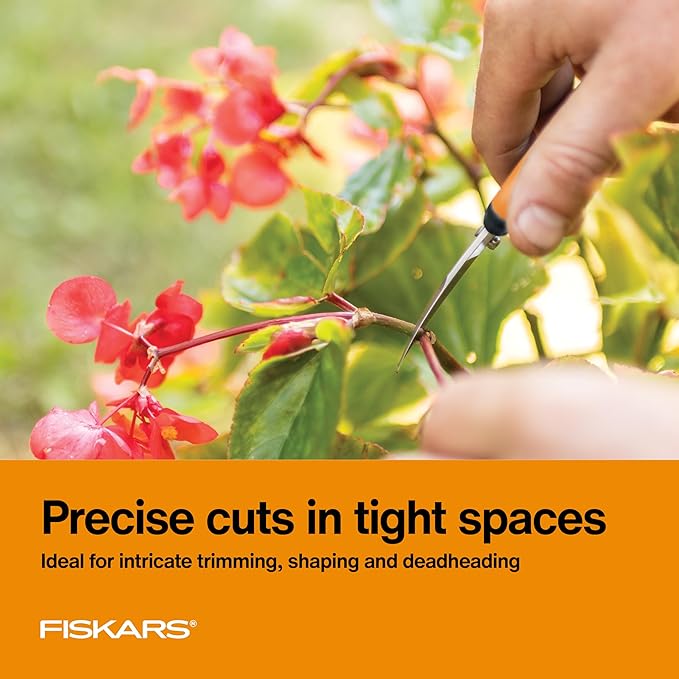 Fiskars Curved Micro-Tip Pruning Snips - 6" Garden Shears with Sheath and SoftGrip Handle - Yard and Garden Tools - Orange/Black
