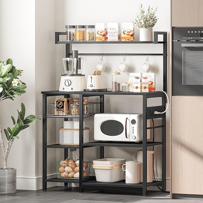 HOOBRO Kitchen Bakers Rack with Power Outlet, Coffee Bar, Microwave Oven Stand with Mesh Basket, Coffee Station with 4 S-Shaped Hook, Kitchen Shelf, for Dining Room, Living Room, Black BB05HB01