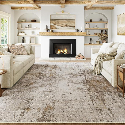 10x12 Washable Area Rug Brown Grey Abstract Neutral Living Room Bedroom Large Throw Rug Non Slip Soft Distressed Low Pile Indoor Floor Carpet for Kitchen Office Entryway