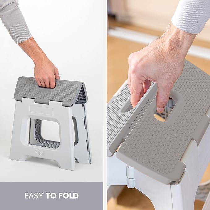 Vigar Compact Step Stool Foldable, 9-inch Step Stools for Adults up to 330 Pound, Lightweight Stool, Non-Slip Folding Step Stool, Gray