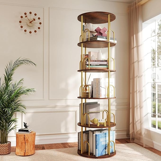 5-Tier Rotating Bookshelf, 360° Round Spinning Book Shelf Tower, Tall Skinny Wood & Metal Bookshelf for Corner/Office/Home, Modern Industrial Vintage Style