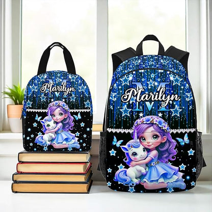 Custom Kids Backpack with Lunch Box Personalized Name Bookbag for Girls Back to School Blue Backpacks for Elementary Middle School Boys